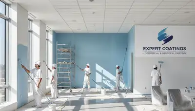 Commercial painters in Peoria, IL applying durable exterior coating on a commercial building